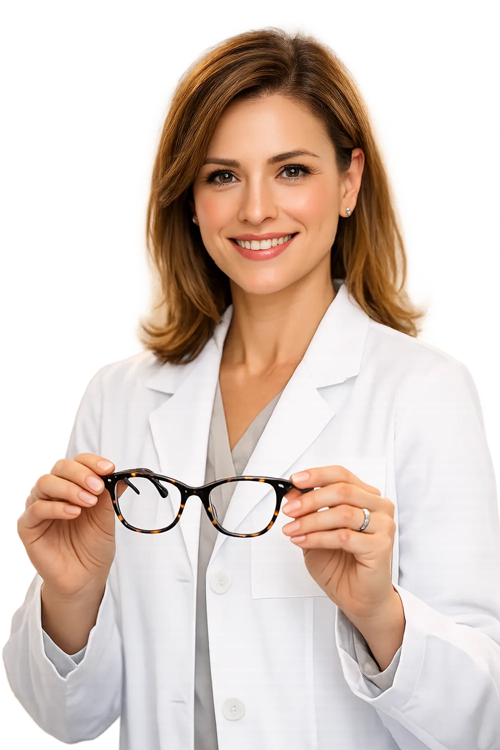 Optician serving a customer at the counter